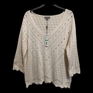 New Joseph A Open Knit Crochet Sweater Top White Preppy Layering Academia Size L